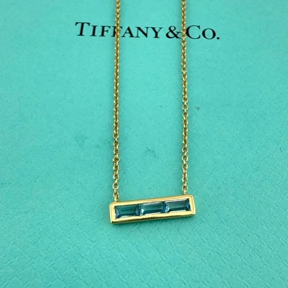Tiffany & Co. Paloma's Studio 18k Blue Topaz Bar Pendant Baguette Stone Necklace - Picture 1 of 8